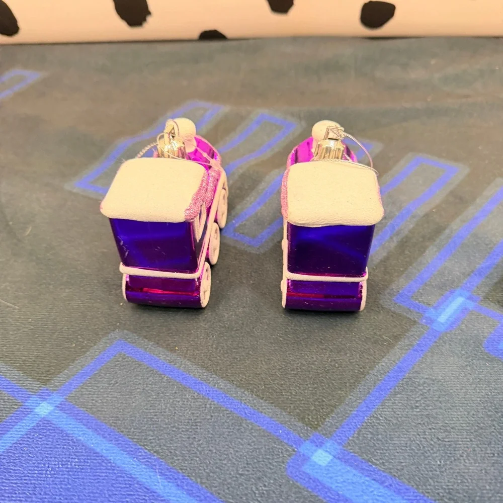 Purple Foil Christmas Train Ornaments Set of 2 Shiny Locomotive Decor 3.5